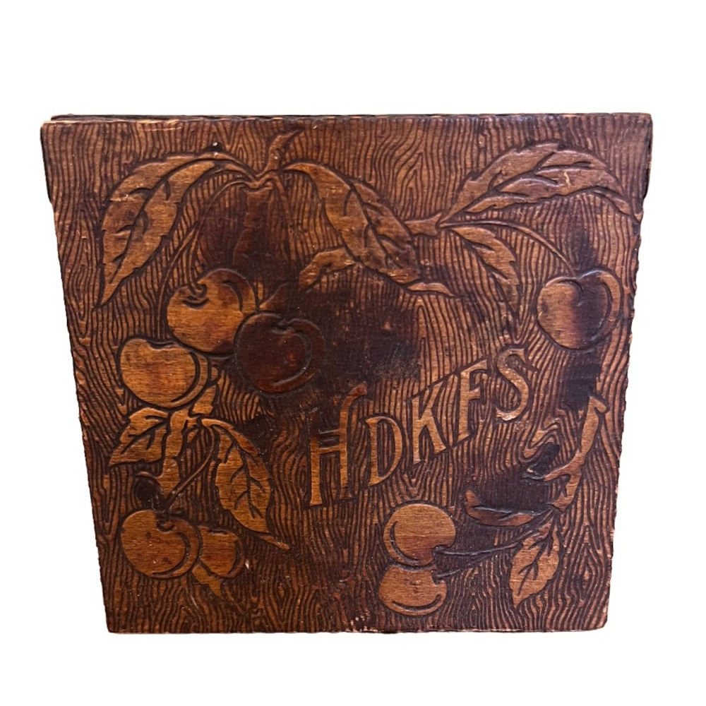 1910-1920's Antique HDKFS Pyrography Burnt Wooden Hankie Box